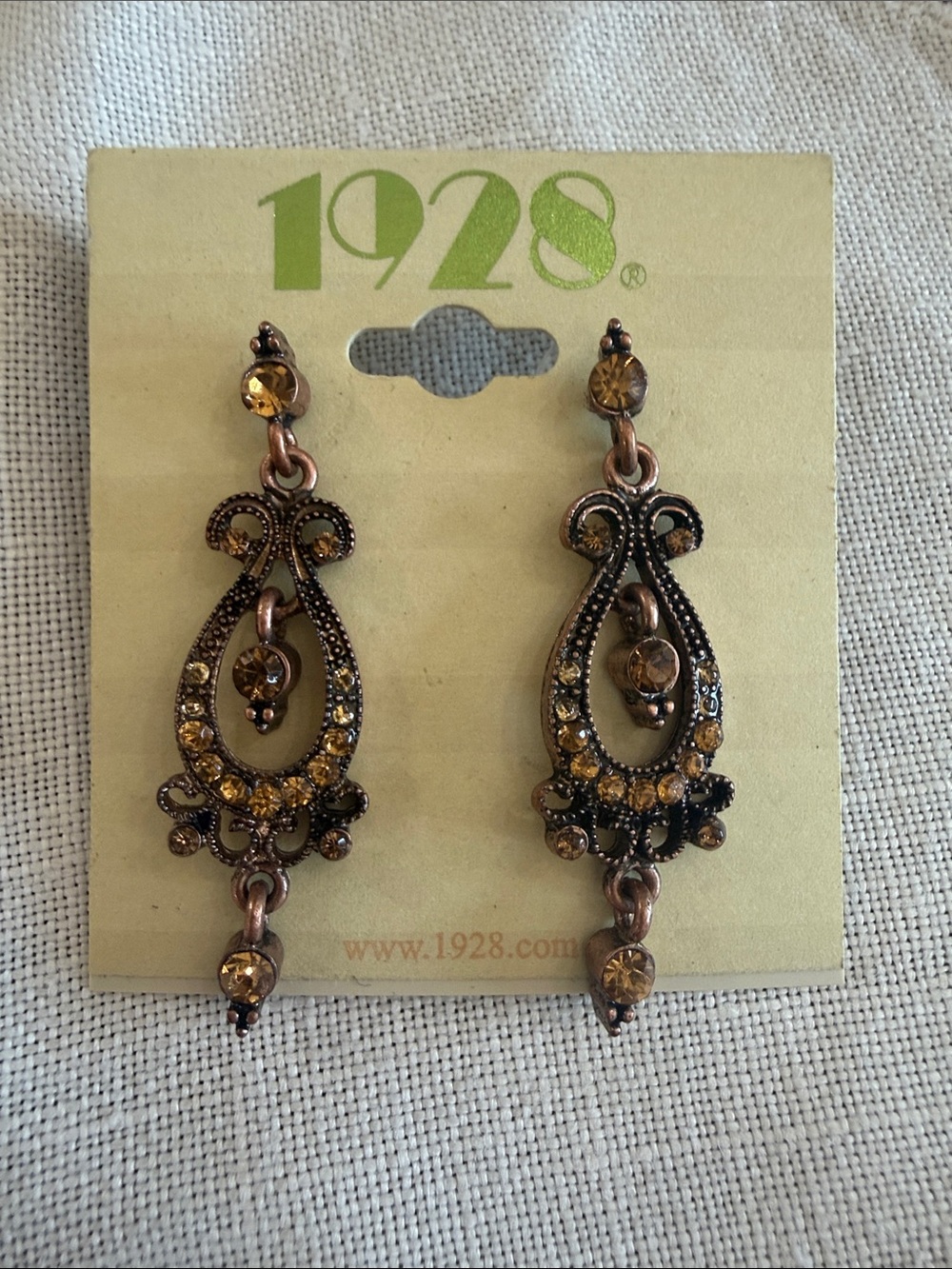 1928 Amber Crystal Drop Filigree Earrings